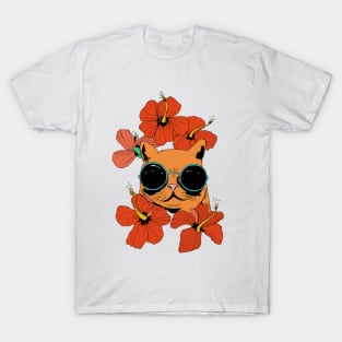 Cat And Hibiscus Flowers T-Shirt